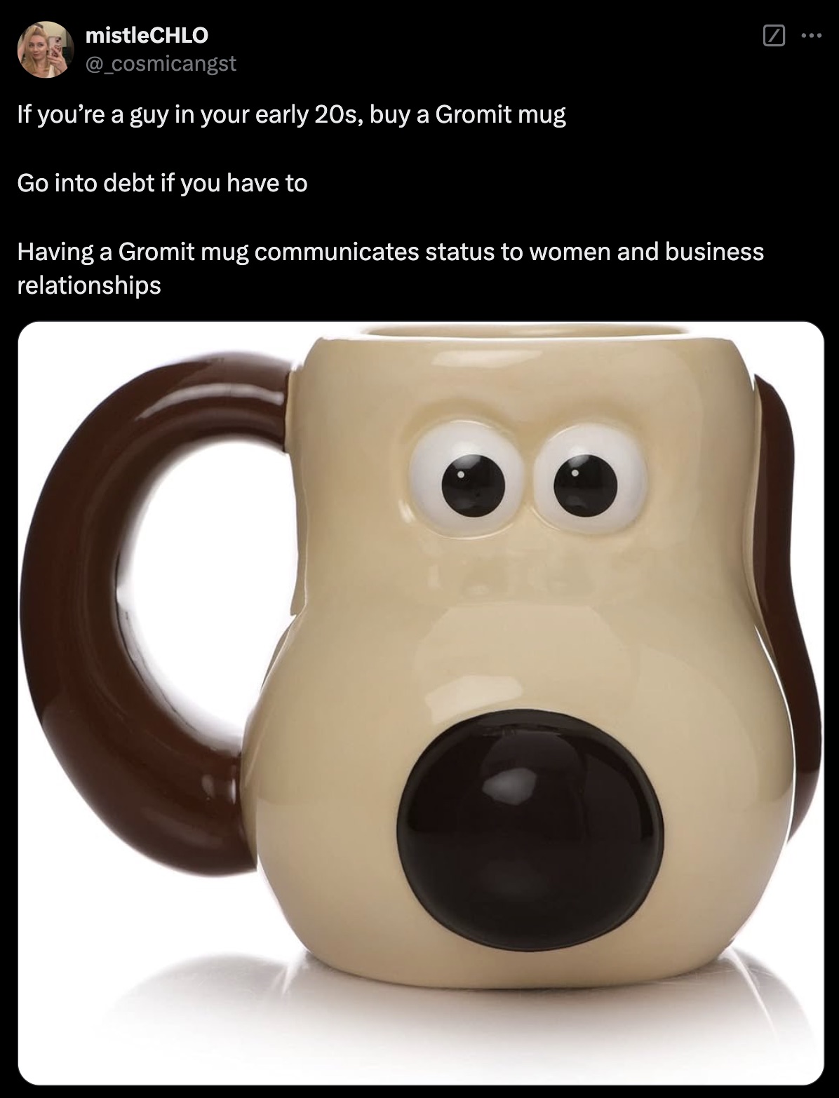 mistleCHLO If you're a guy in your early 20s, buy a Gromit mug Go into debt if you have to Having a Gromit mug communicates status to women and business relationships ...